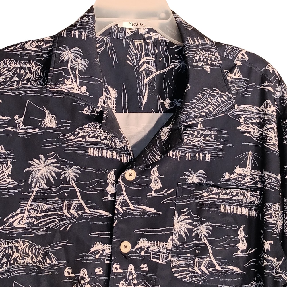 Men's 2XL Eletop Navy Blue Hawaiian Shirt Tropical Island Button Up Short Sleeve